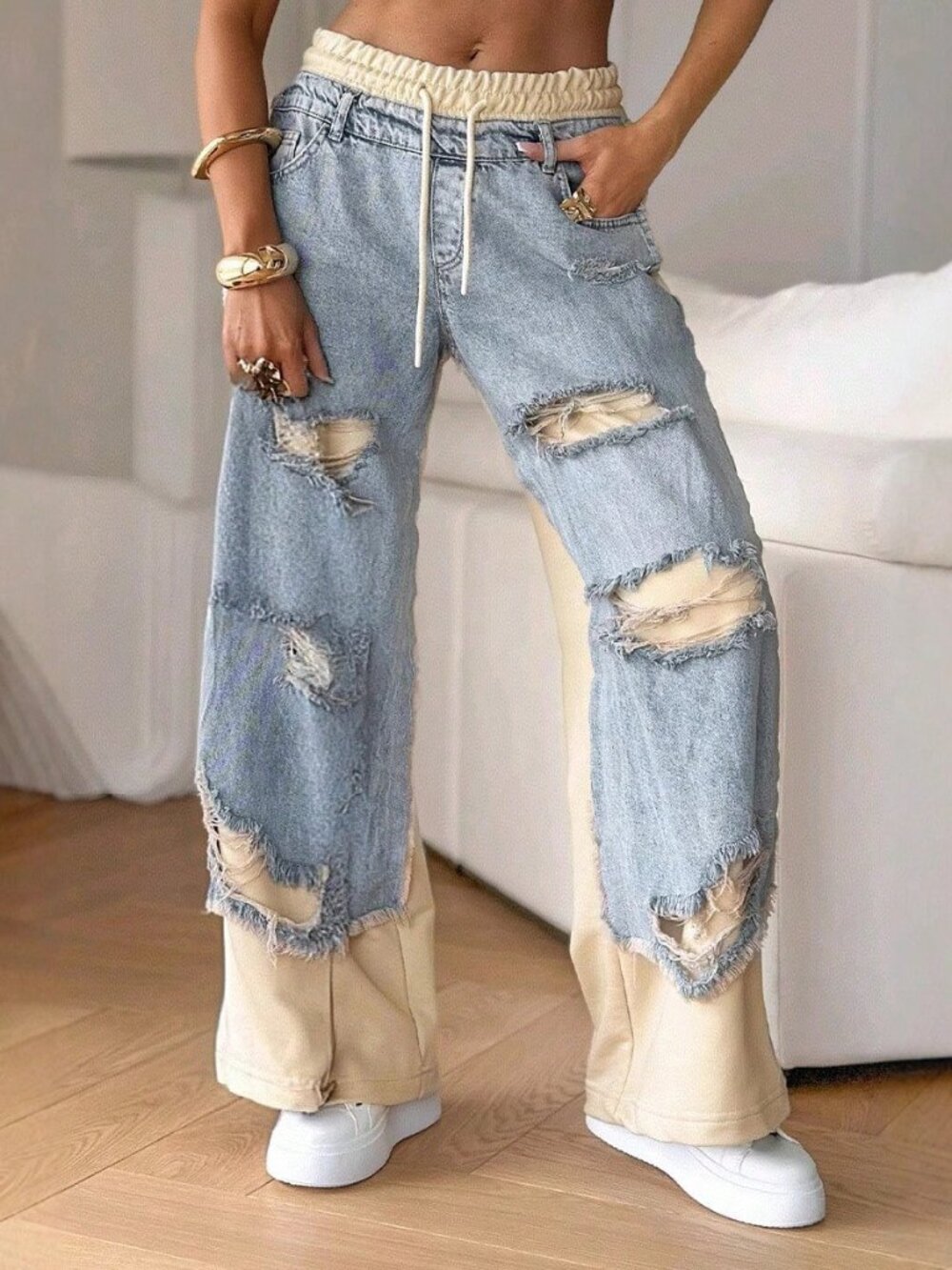 Blue Boho Loose Women's Drawstring Elastic Ripped Wide Leg Denim Pants